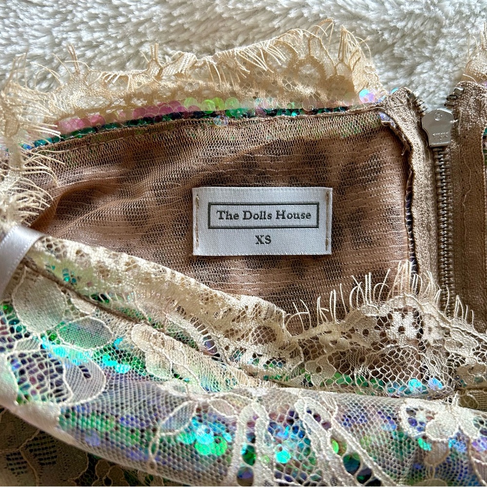 Iridescent Sequin Mini Skirt with Cream Lace - Picture 2 of 6